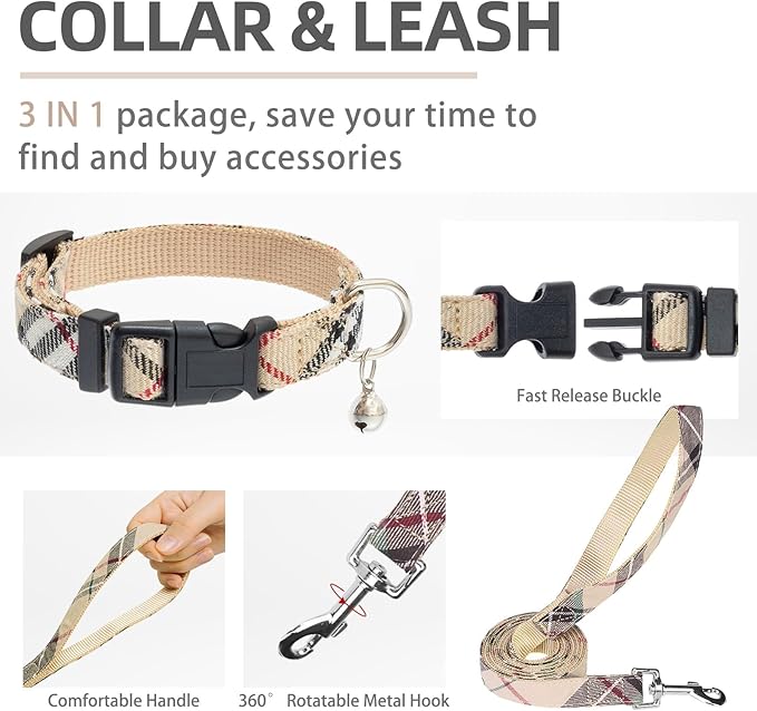 PUPTECK Adjustable Dog Harness Collar and Leash Set Step in No Pull Pet Harness for Small Medium Dogs Puppy and Cats Outdoor Walking Running, Soft Mesh Padded Reflective Vest Harnesses, Beige XXL