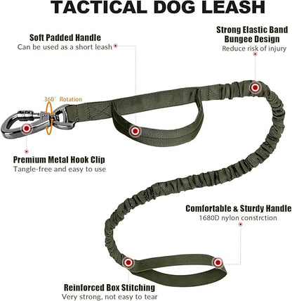 Tactical Dog Collar and Bungee Leash, Camo Military Dog Collar & Leash Set with USA American Flag Adjustable K9 Collar with Heavy Duty Metal Buckle & Handle,with Patches and Airtags Case (L, Green)