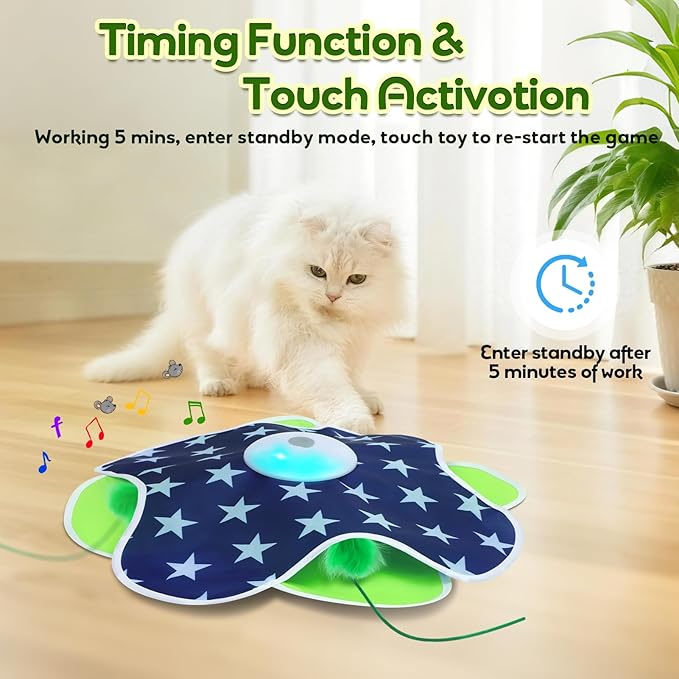 Saolife Interactive Cat Toys with Moving Feather Concealed in Mat, Motion Activated, Mouse Squeaky, Rechargeable Cat Exercise Toys for Bored Cats