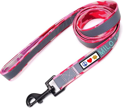 Pawtitas Personalized Camo Pink Dog Leash 6 ft Custom ID Lead for Dogs & Puppies Reflective Comfortable Padded Handle Embroidered Name & Phone Number