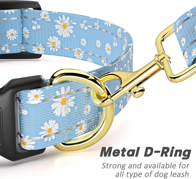 Reflective Dog Collar for Small Dogs, Cute Daisy Theme Adjustable Heavy-Duty Nylon Puppy Collar for Boy and Girl Female, Soft Pet Accessories with Quick Release Buckle, Neck 10-16", Blue