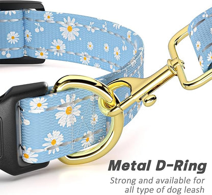 Reflective Dog Collar for Small Dogs, Cute Daisy Theme Adjustable Heavy-Duty Nylon Puppy Collar for Boy and Girl Female, Soft Pet Accessories with Quick Release Buckle, Neck 10-16", Blue