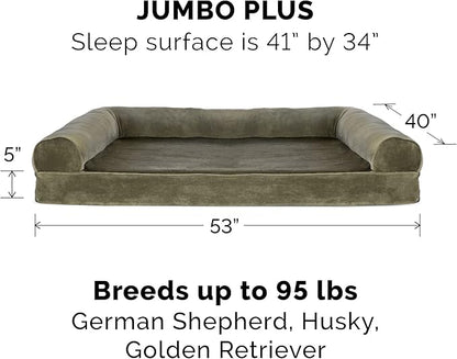 Furhaven Cooling Gel Dog Bed for Large Dogs w/ Removable Bolsters & Washable Cover, For Dogs Up to 125 lbs - Faux Fur & Velvet Sofa - Dark Sage, Jumbo Plus/XXL