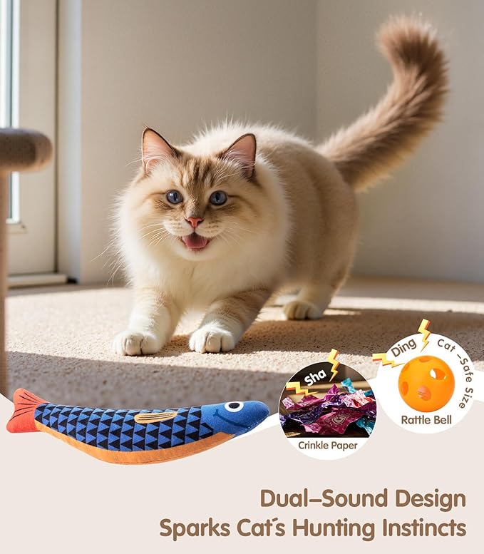 PetBusy Cat Toys with[5000mg A+Natural Catnip &Silvervine] [Baby Grade] Interactive Soft Chew Kicker Cat Toys for Indoor Cats & Kittens, [Crinkle &Bell] Fish Sound Toy, Drives Bored Cat Crazy with Fun