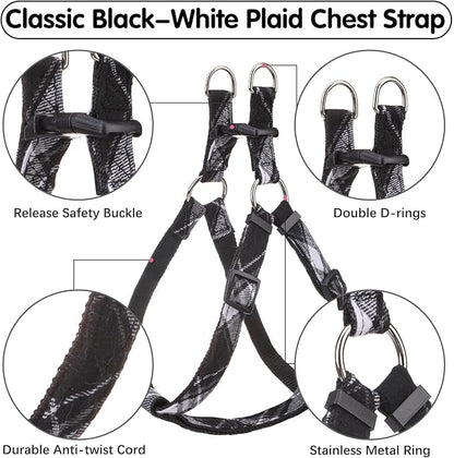 BINGPET Dog Harness Collar Leash Set,Adjustable No Pull Escape Proof Small Dog Harness,Classic Plaid Puppy Harness and Leash Set for Small Medium Large Dogs Training Easy Walk Running
