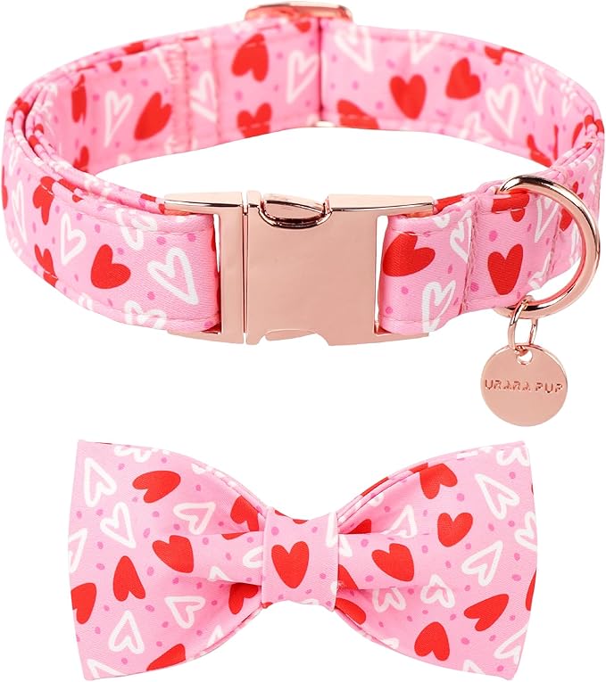 Valentine’s Day Dog Collar with Bow Tie, Red Heart Bowtie Collar with Metal Buckle, Valentine’s Day Gift Pet Collar for Puppy Girl Boy Dog or Cat, Wedding Dog Collar, L, Neck 16-24in