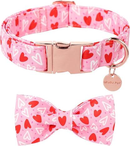 Valentine’s Day Dog Collar with Bow Tie, Red Heart Bowtie Collar with Metal Buckle, Valentine’s Day Gift Pet Collar for Puppy Girl Boy Dog or Cat, Wedding Dog Collar, S, Neck 10-16in