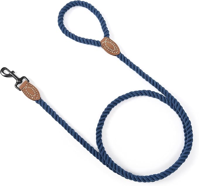 Mile High Life Dog Leash, Braided Cotton Rope Leashes with Leather Tailor Tip with Leather Tip - Heavy Duty Metal Clasp, 6FT, 1/2" Thick - Wedding, Walking Leash for Medium Large Dogs(Navy)