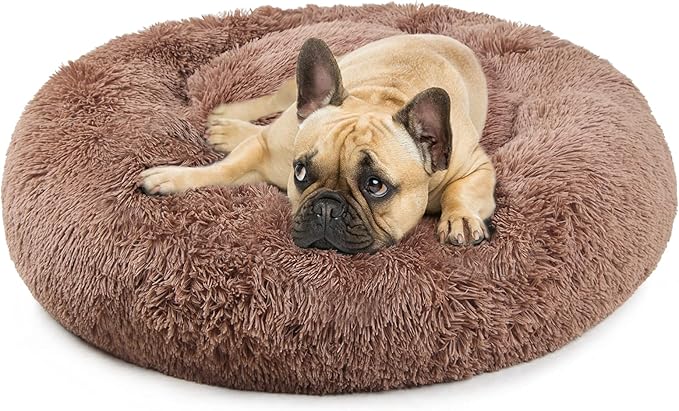 Calming Dog Bed for Medium Dogs Washable Donut 30 inches Anti-Slip Pet Bed,Round Fluffy Plush Faux Fur Cat Bed,Fits up to 45 lbs Pets,Camel