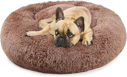 Calming Dog Bed for Medium Dogs Washable Donut 30 inches Anti-Slip Pet Bed,Round Fluffy Plush Faux Fur Cat Bed,Fits up to 45 lbs Pets,Camel