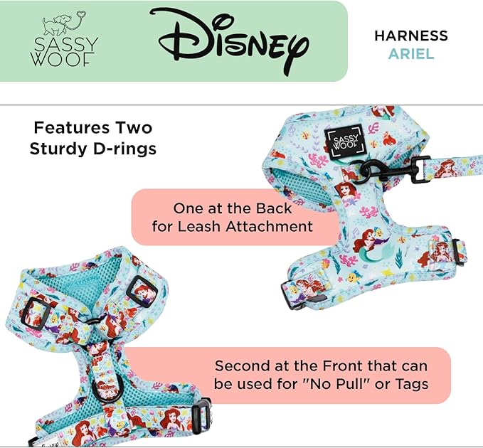 Sassy Woof Dog Adjustable Harness - Disney Princess Little Mermaid Ariel - M, Breathable Mesh, No Pull Design with Two D-Rings, Perfect for Medium Dogs - Officially Licensed