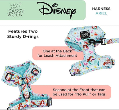 Sassy Woof Dog Adjustable Harness - Disney Princess Little Mermaid Ariel - M, Breathable Mesh, No Pull Design with Two D-Rings, Perfect for Medium Dogs - Officially Licensed