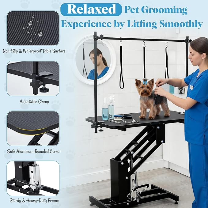 Garvee 43.3" Hydraulic Dog Grooming Table for Pet, Heavy Duty Structural Hydraulic Max Load 350Lbs Professional Pet Grooming Table with Adjustable Overhead Arm & Noose Height Range 22''-39'' (Black)