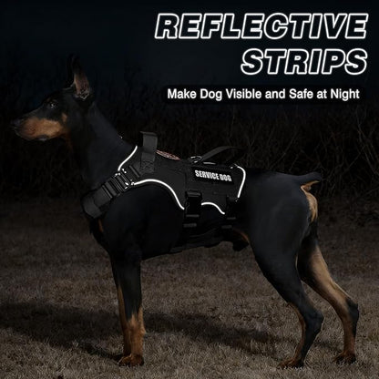 Tactical Service Dog Vest and Leash Set,Heavy Duty Harness with Metal Buckles for Large Dogs,Adjustable No Pull Pet Vest with 10 Patches,for Training Working Hiking,Black L