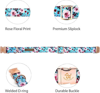 Elegant little tail Dog Collar, Pink Floral Print Pet Collar Summer Dog Collar Pet Collar Dog Cotton Durable Dog Collar Metal Buckle Collar for Small Dogs, Blue Flower