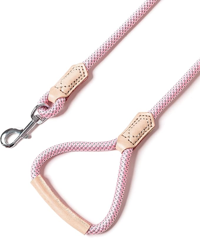Mile High Life Rope Leash with Genuine Leather Grip and Connection, 6 FT/5 FT/4 FT, Heavy Duty Leash for Small Medium & Large Dogs(Pink,72 Inch)