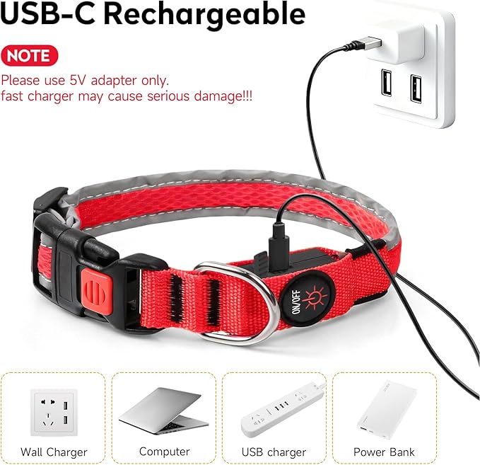 LED Dog Collar, Light Up Dog Collar USB Rechargeable, Nylon Adjustable Comfortable Soft Bright RGB 7 Colors Changeing Safety Light Glowing Collar for Medium and Large Dogs(Large,Red)