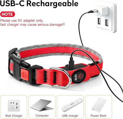 LED Dog Collar, Light Up Dog Collar USB Rechargeable, Nylon Adjustable Comfortable Soft Bright RGB 7 Colors Changeing Safety Light Glowing Collar for Medium and Large Dogs(Large,Red)