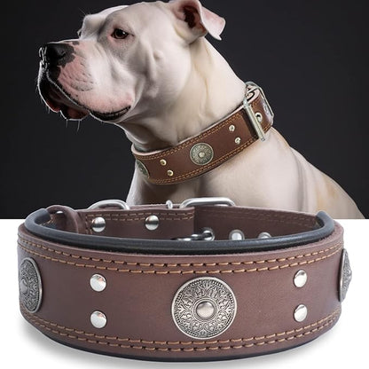 Leather Dog Collar, 2 inches Wide Heavy Duty Genuine Leather Collars, Handmade, Soft, and Luxury, Eye-catching Best Choice for Large and Medium Breed Dogs 18.5-22.5 in