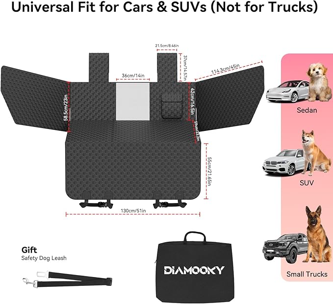 DIAMOOKY Dog Car Seat Cover for Back Seat, Waterproof Back Seat Extender for Dogs w/Door & Headrest Protector, Hard Bottom Pet Bed Hammock Holds 420lbs, for Cars SUVs Small Trucks(Not for 3-row seats)