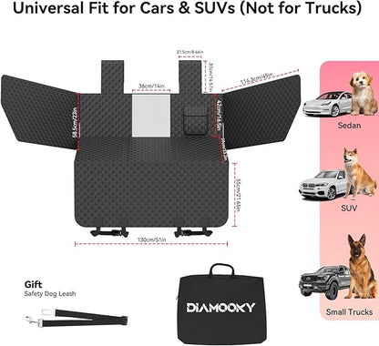DIAMOOKY Dog Car Seat Cover for Back Seat, Waterproof Back Seat Extender for Dogs w/Door & Headrest Protector, Hard Bottom Pet Bed Hammock Holds 420lbs, for Cars SUVs Small Trucks(Not for 3-row seats)