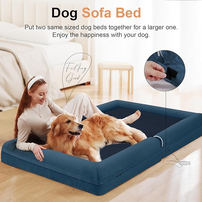 Large Dog Bed Orthopedic Washable: Beds Bolster XL Bed Large Big Dogs Memory Foam Couch Sofa Waterproof with Removable Cover - Navy Blue