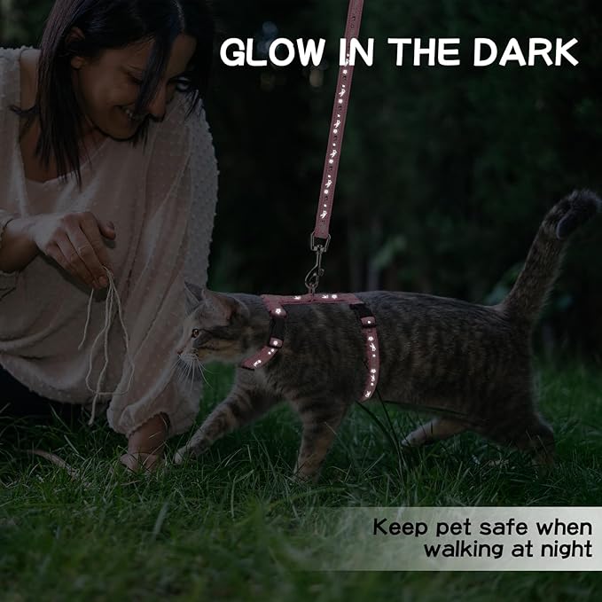 PAWCHIE Cat Harness with Leash and Collar Set - Escape Proof Adjustable H-shped Cat Harness with Star and Moon Pattern Glow in The Dark for Kitty Outdoor Walking