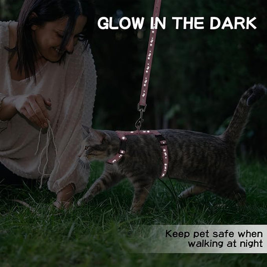 PAWCHIE Cat Harness with Leash and Collar Set - Escape Proof Adjustable H-shped Cat Harness with Star and Moon Pattern Glow in The Dark for Kitty Outdoor Walking