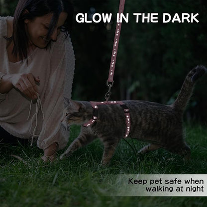 PAWCHIE Cat Harness with Leash and Collar Set - Escape Proof Adjustable H-shped Cat Harness with Star and Moon Pattern Glow in The Dark for Kitty Outdoor Walking, Pink M