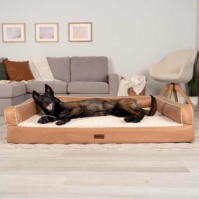 Furhaven Orthopedic Dog Sofa Bed – Memory Foam Couch with Bolsters, Textured Plush & Water-Resistant Cover, Washable Cover, Joint Support - Camel, Jumbo Plus