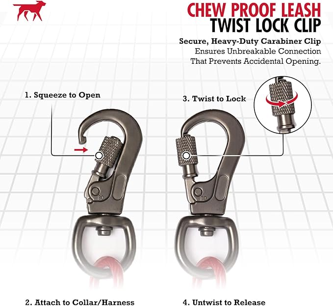 Tuff Pupper Chew Proof Dog Leash | Steel Cable Bite Resistant Lead | Twist Lock Carabiner | Heavy Duty for Large Dogs & Teething Puppies | Comfortable Padded Handle | 4FT & 6FT Lengths (Red, 6 Feet)