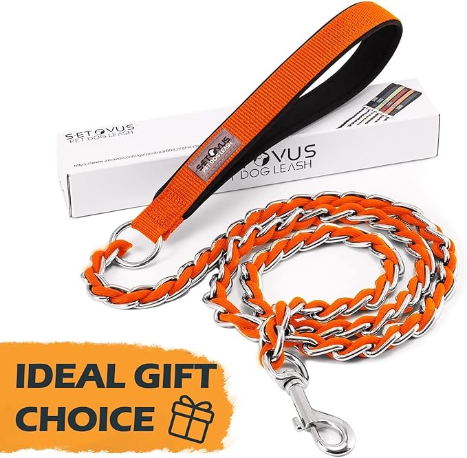Chain Dog Leash Chew Proof Metal Leash for Medium Large Dogs, Chain Link Anti Chew 5.2FT Strong Anti Bite Comfortable Soft Padded Handle Orange 3.0