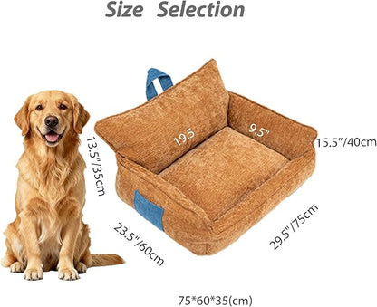 RAFASAFA Large Orthopedic Dog Sofa Bed with Sides, Carry Handle & Side Pockets .Plush Chenille Orthopedic Pet Bed Couch for Large Dogs.Portable Snuggler for Indoor Use, Travel & Recovery(Orange)