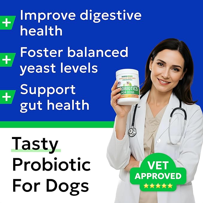 BARK&SPARK Probiotics for Dogs Digestive Health w/Enzymes - Diarrhea Gas Treatment Upset Stomach Relief - Allergy & Itchy Skin - Pet Dogs Probiotics - Digestion Supplement Treat (120Ct Chicken)