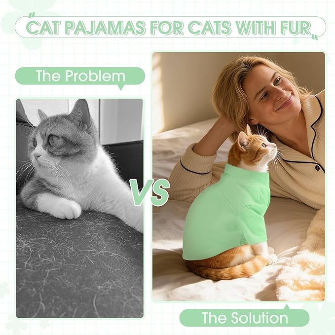 OUOBOB Sphynx Hairless Cat Clothes, Soft Cotton Pullover Turtleneck Shirt with Sleeves for Kitten Puppy Small Dogs, Cat Pajamas for All-Season - Green L