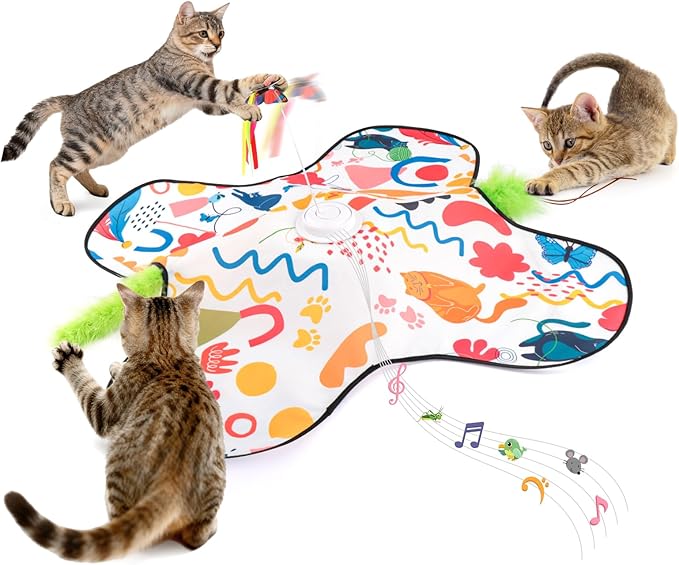 Interactive Cat Toys, Automatic Hide and Seek Cat Toys for Indoor Cats with 4 Lifelike Sounds, Touch Activated, Motorized Wand Feather, and Moving Butterfly for Bored Adult Kitten Cats