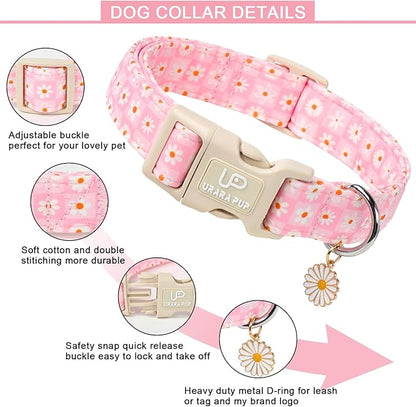 UP URARA PUP Pet Collar-Summer Daisy Dog Collars-Pink Grid Puppy Collar-Adjustable, Sturdy & Cute Girl Boy Dog Collars for Outdoor Fun