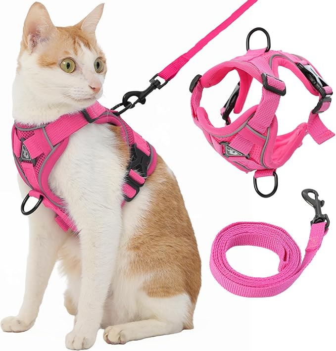 Kodervo Cat Harness and Leash, Reflective Cat Harness Escape Proof for Walking, Adjustable Kitten Harness and Leash Set, 4 Buckles Easy Control Breathable Cat Vest Harness for All Types of Cats