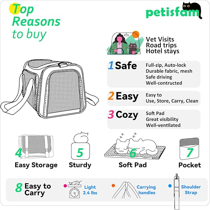 petisfam Top Load Cat Carrier for Medium Cats and Small Dogs with Washable Cozy Bed, 3 Doors and Shoulder Strap. Easy to get cat in, Easy Storage, Lightweight, Airline Approved