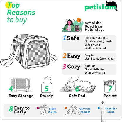 petisfam Top Load Cat Carrier Bag for Medium Cats and Small Dogs. Airline Approved, Collapsible, Escape Proof and Auto-Safe. Easy to get cat in and Make Vet Visit Less Stressful