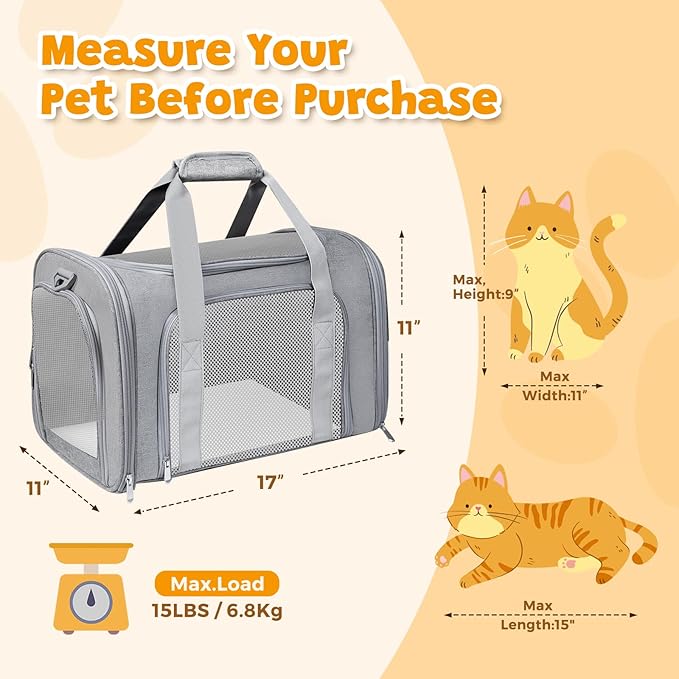 FOORLON Cat Carrier Soft for Pets Up to 15 Lbs, Cat Travel Bag Soft-Sided with Padded Shoulder Strap, Pet Dog Carriers for Small Dogs Travel Puppy Carry Airline Approved, Grey