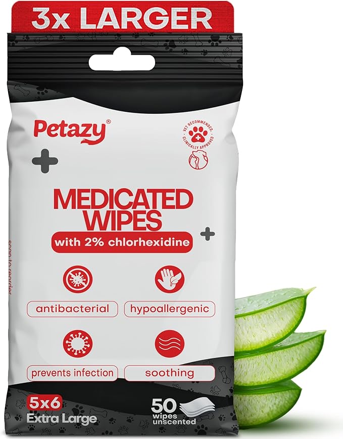 Petazy 2% Chlorhexidine Wipes for Dogs 3X Larger | Yeast Infection Ringworm Fungus Hot Spot Itch Relief | Medicated Antibacterial Antifungal Gentle Soothing Topical Wipes for Dog Cat | 50 Wipes 5x6