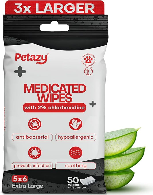 Petazy 2% Chlorhexidine Wipes for Dogs 3X Larger | Yeast Infection Ringworm Fungus Hot Spot Itch Relief | Medicated Antibacterial Antifungal Gentle Soothing Topical Wipes for Dog Cat | 50 Wipes 5x6