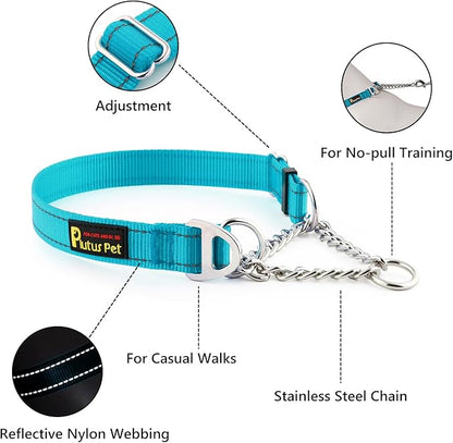 Plutus Pet Martingale Dog Collar with Stainless Steel Chain and Reflective Nylon, Adjustable No Pull Training Collar, for Small Medium, and Large Dogs, Cyan, L