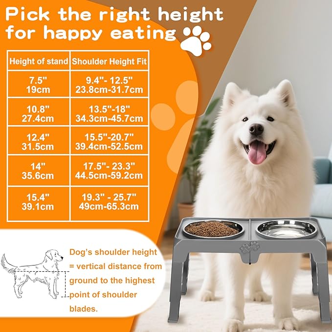 Elevated Dog Bowls for Large Dogs 5 Adjustable Heights 7.5"-15.4", 2 X-Large 10” Stainless Steel Bowls, Heavy Duty Raised Dog Bowl Stand Foldable Pet Feeder for Dogs Shoulder Height Over 15”, Grey