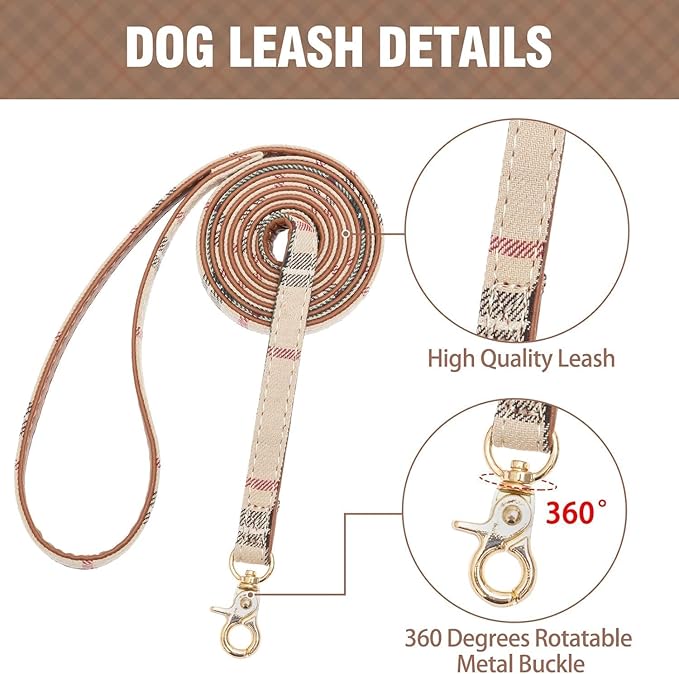 KOOLTAIL Small Dog Collar and Leash Set with Bowtie and Bells - Cute Puppy Bandana Collar and Leash with Classic Plaid Pattern, Soft Leather Tangle Free Leashes for Small Boys Girls Dogs,Cats,Beige XS