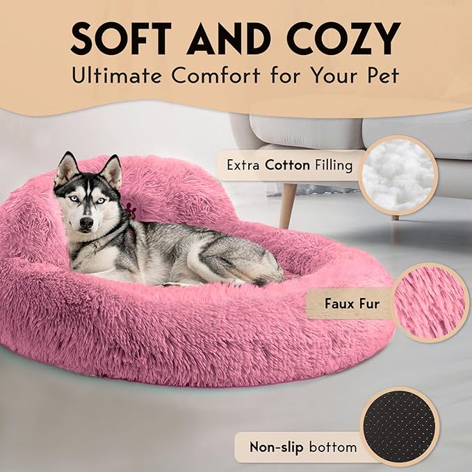 PetJett Calming Large Dog Bed - 36'' Donut Dog Beds, Anti-Slip & Washable Large Round Bed, Fluffy Faux Fur Pet Bed, Super Soft Anti-Anxiety Premium Comfort Bed, Fits Dogs up to 80 lbs - Pink