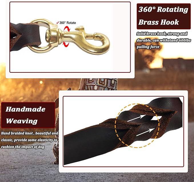 Leather Dog Leash 5ft x 3/4 inch, Heavy Duty Leather Braided Dog Training Leash, Strong and Comfortable Leashes for Large, Medium, Small Dogs