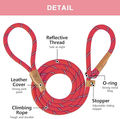5 FT Slip Lead Heavy Duty Rope Leash for Small Medium Large Dogs, No Pull Training Lead with Reflective Thread, Strong Comfortable Loop Leash (Red Stripe, Large(1/2"))