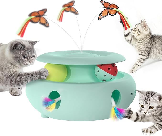 Scsuupoee Cat Toys,3-in-1 Interactive Cat Toys for Indoor Cats,Rechargeable Automatic Interactive Cat Toy with Fluttering Butterfly,Smart Sensor 6 Holes Mice Whack-A-Mole and Track Balls,Blue